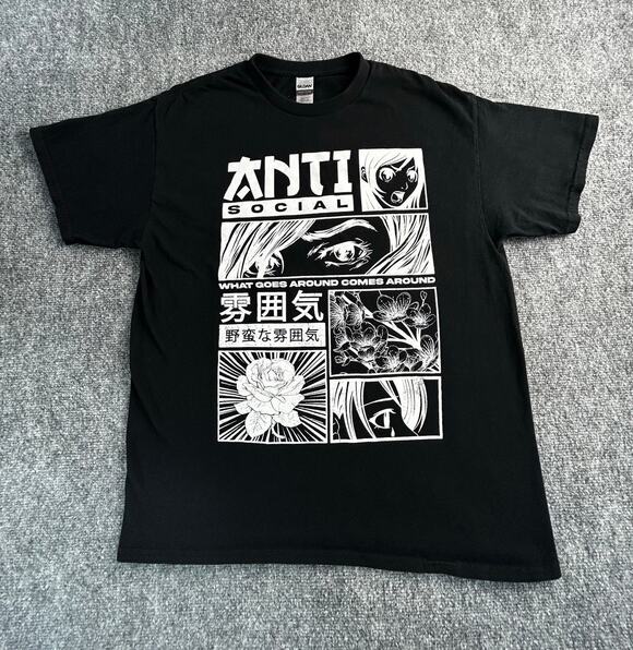 Gildan Other - Anime Anti Social Graphic T-Shirt Men's Large Black Manga Streetwear Tee